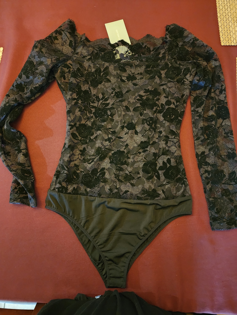 Long-Sleeve Black Lace Bodysuit - Women Tops